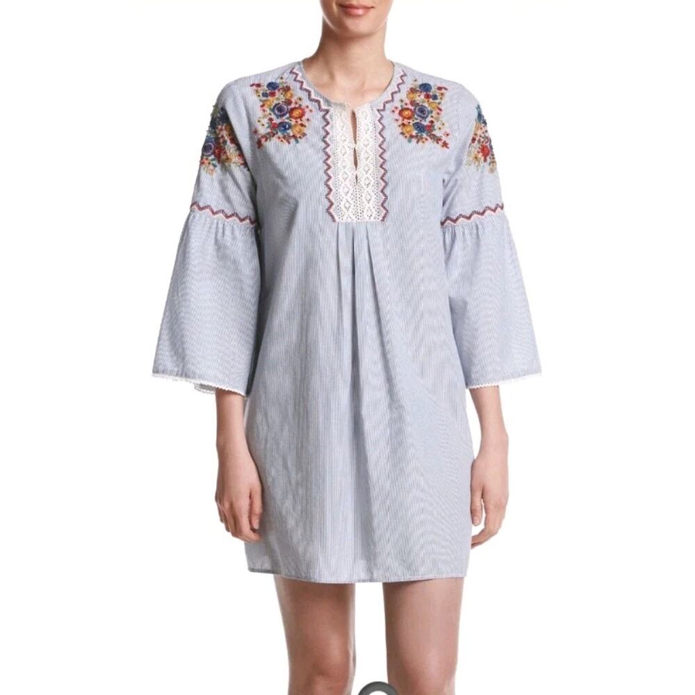 Philosophy Womens Embroidered Flower Stripe Blue White Shift Dress Sz S Boho